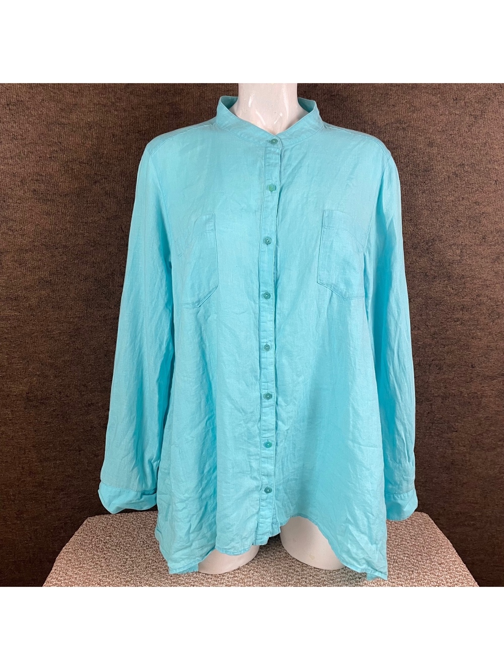 Eileen Fisher Blouse Large Organic Irish Linen Coastal Travel Button Up Aqua E17